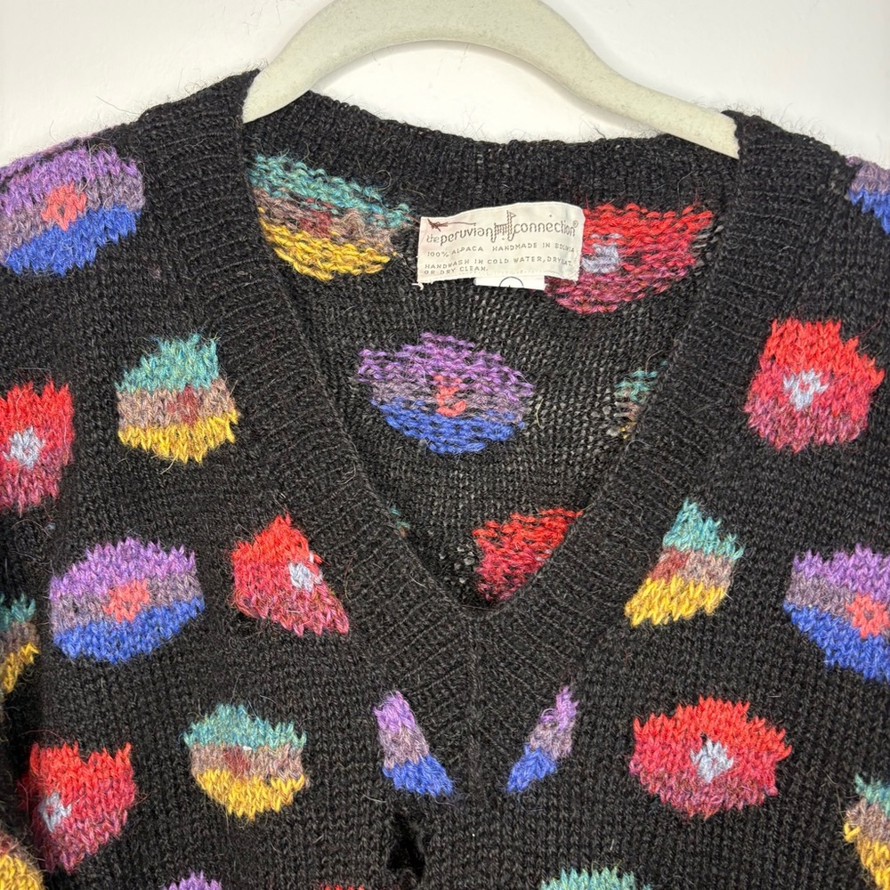 Vintage Peruvian Connection Sweater Womens Large Black Bright Floral *Flawed - Picture 5 of 15